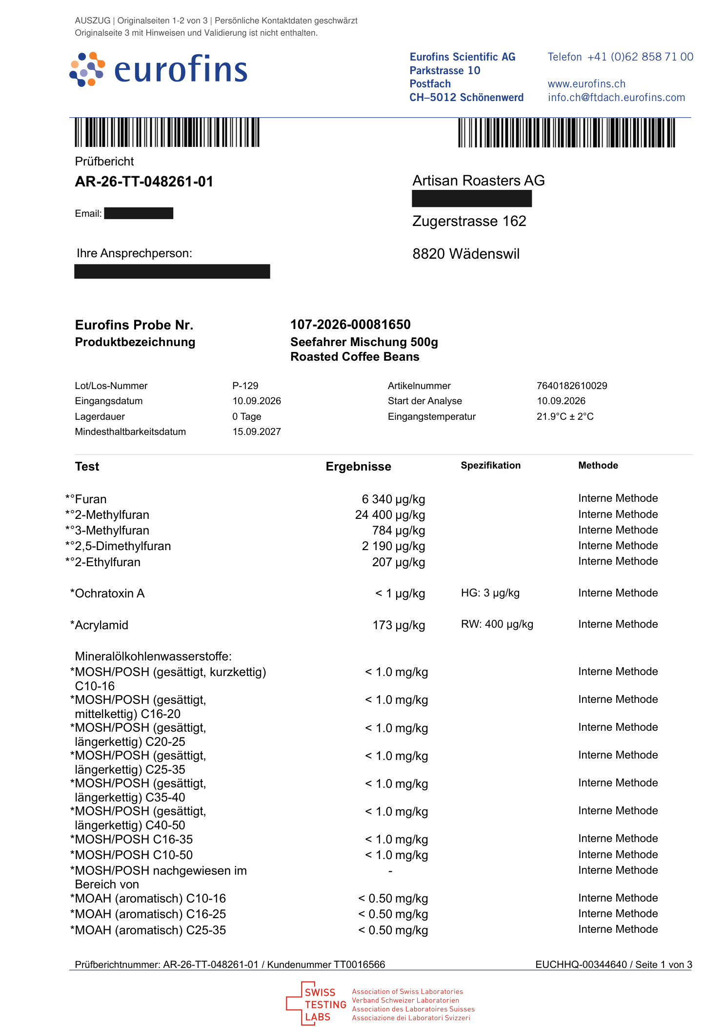 Aktueller Laborbericht – keine Grenzwertüberschreitung. – Seite 1